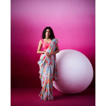 Anaar Bloom Sky Blue Saree with Sleevless Blouse