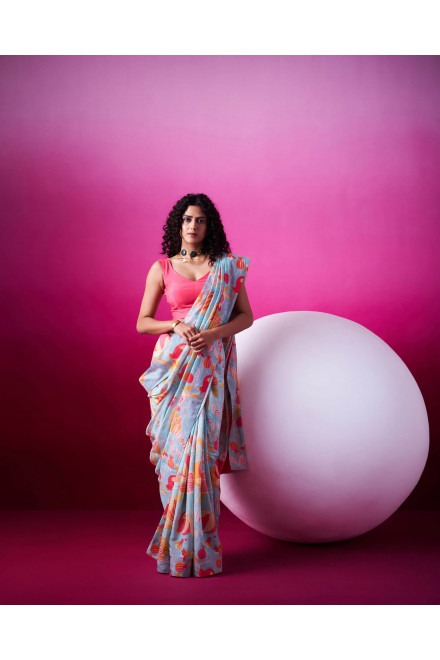 Anaar Bloom Sky Blue Saree with Sleevless Blouse
