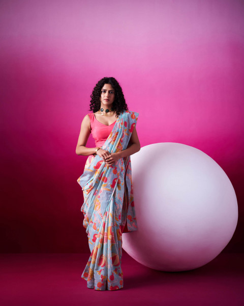 Anaar Bloom Sky Blue Saree with Sleevless Blouse