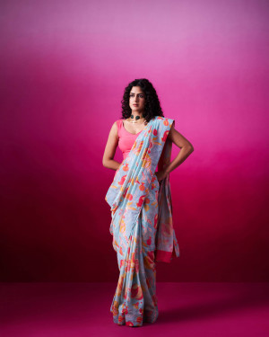 Anaar Bloom Sky Blue Saree with Sleevless Blouse