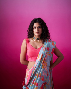 Anaar Bloom Sky Blue Saree with Sleevless Blouse