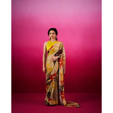 Autumn Leaves Pure Shiffon Gold saree set