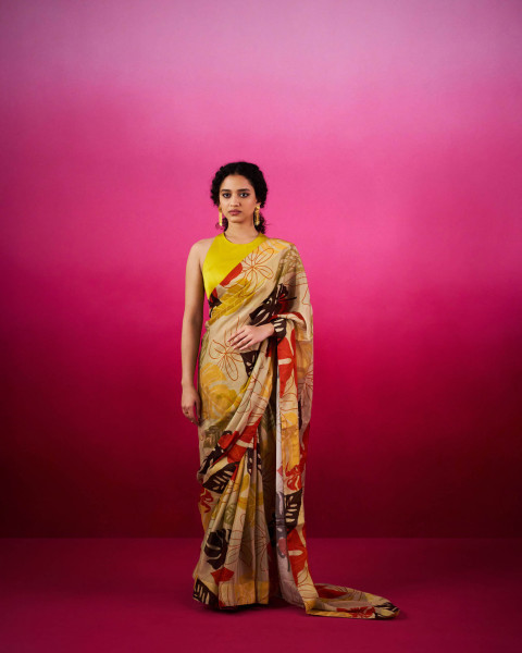 Autumn Leaves Pure Shiffon Gold saree set