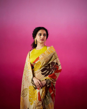 Autumn Leaves Pure Shiffon Gold saree set
