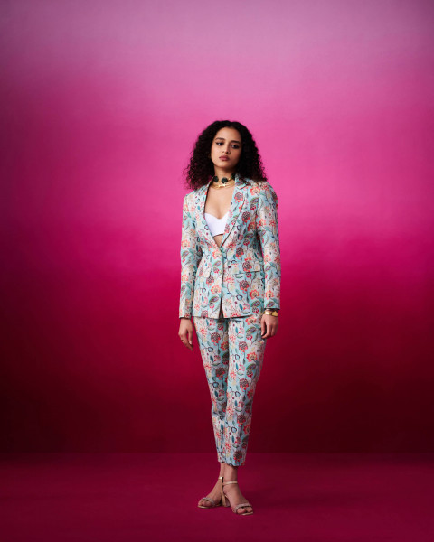 Botanical Seablue Lenin Blazer Pants Set