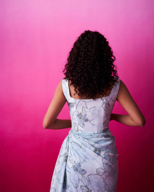 Sea Blue Abstract Floral Print Corset Kaul Dress